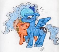 Size: 1172x1034 | Tagged: safe, artist:weaselbear, applejack, princess luna, alicorn, earth pony, pony, blushing, eyes closed, female, floppy ears, lesbian, lunajack, shipping, smiling, traditional art, wingboner