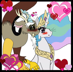 Size: 1929x1904 | Tagged: dead source, safe, artist:garfield141992, discord, princess celestia, alicorn, draconequus, pony, :o, blushing, crown, cute, cutelestia, discute, dislestia, eyes closed, female, folded wings, heart, jewelry, male, mare, necklace, nuzzling, regalia, shipping, sitting, smiling, straight, surprised, wings