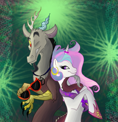 Size: 635x660 | Tagged: safe, artist:jaylacinechiboa, discord, princess celestia, alicorn, pony, dislestia, earring, female, grin, horn ring, looking at you, male, neckerchief, shipping, smiling, straight, sunglasses, tail seduce, wink