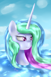 Size: 1120x1680 | Tagged: dead source, safe, artist:shamanguli, princess celestia, alicorn, pony, solo, water, wet mane