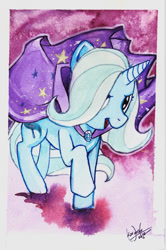 Size: 309x464 | Tagged: safe, artist:skardash, derpibooru import, trixie, pony, unicorn, blue coat, female, horn, mare, smiling, solo, two toned mane