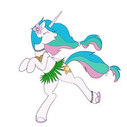 Size: 1500x1500 | Tagged: safe, artist:silver1kunai, princess celestia, alicorn, pony, bipedal, clothes, coconut bikini, cute, cutelestia, grass skirt, hawaiian flower in hair, hula, sandals, skirt, solo