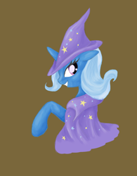 Size: 800x1024 | Tagged: safe, artist:koeks-bienchen, derpibooru import, trixie, pony, unicorn, blue coat, female, horn, mare, smiling, solo, two toned mane