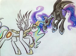 Size: 1982x1449 | Tagged: safe, artist:technicolor-confetti, nightmare moon, princess celestia, alicorn, pony, angry, armor, eye contact, magic, spread wings, traditional art, warrior celestia