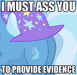 Size: 400x388 | Tagged: safe, derpibooru import, trixie, asshat, image macro, plot, plothat, pun