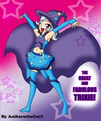 Size: 1000x1200 | Tagged: safe, artist:anibaruthecat, derpibooru import, trixie, armpits, belly button, clothes, hat, humanized, skirt, solo, trixie's cape, trixie's hat, vest