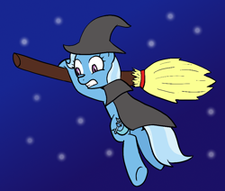 Size: 832x704 | Tagged: safe, artist:haxorus31, derpibooru import, trixie, broom, cape, clothes, costume, flying, flying broomstick, hat, looking down, scared, stars, underhoof, witch, witch hat