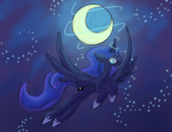 Size: 782x600 | Tagged: safe, artist:karlaandbliss, princess luna, alicorn, pony, crescent moon, flying, looking at you, lunadoodle, magic, moon, night, smiling, solo, stars