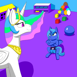 Size: 825x825 | Tagged: safe, artist:neoryan2, princess celestia, princess luna, alicorn, pony, ball, blocks, diaper, younger