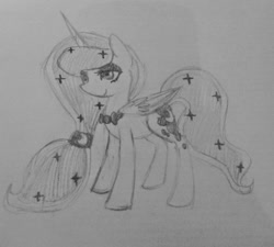 Size: 986x889 | Tagged: safe, artist:breadcipher, princess luna, alicorn, pony, bowtie, eyeshadow, hairband, lunadoodle, monochrome, sketch, smiling, solo, traditional art