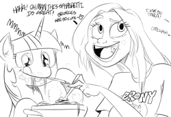 Size: 1024x704 | Tagged: safe, artist:sunibee, derpibooru import, twilight sparkle, human, bronycon, meta, spaghetti, tara strong