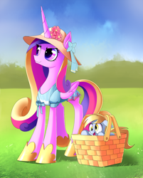 Size: 800x996 | Tagged: safe, artist:gsphere, derpy hooves, princess cadance, alicorn, pegasus, pony, basket, clothes, cute, derpabetes, dress, female, hat, mare, picnic basket