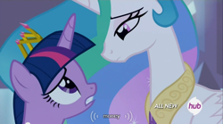 Size: 640x355 | Tagged: safe, screencap, princess celestia, twilight sparkle, twilight sparkle (alicorn), alicorn, pony, eye contact, female, frown, gritted teeth, hub logo, mare, meme, money, youtube caption