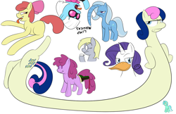 Size: 900x583 | Tagged: safe, artist:lamia, derpibooru import, apple bloom, berry punch, berryshine, bon bon, derpy hooves, lyra heartstrings, photo finish, rarity, sweetie drops, trixie, pegasus, pony, unicorn, duckface, female, longbon, mare, wat