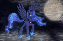 Size: 1024x663 | Tagged: safe, artist:neko-kun67, princess luna, alicorn, pony, mare in the moon, moon, raised hoof, solo, spread wings, stars