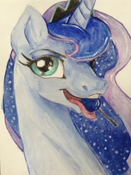 Size: 1936x2592 | Tagged: safe, artist:kp-shadowsquirrel, artist:moonfiredragon, princess luna, alicorn, pony, lollipop, mouth hold, solo, tongue out, traditional art, watercolor painting