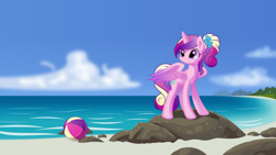 Size: 11200x6300 | Tagged: safe, artist:kp-shadowsquirrel, artist:parclytaxel, princess cadance, alicorn, pony, .svg available, absurd resolution, beach, beach ball, cloud, cute, cutedance, female, ocean, ponytail, rock, sand, shading, sky, smiling, solo, vector, wallpaper, water