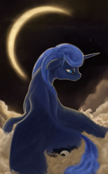 Size: 1000x1618 | Tagged: safe, artist:phiktorial, princess luna, alicorn, pony, cloud, cloudy, floppy ears, missing accessory, moon, night, rear view, solo, spread wings, stars