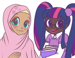 Size: 772x603 | Tagged: safe, artist:jun-k-tastic, derpibooru import, fluttershy, twilight sparkle, book, dark skin, glasses, hijab, humanized, islam, islamashy