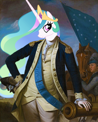 Size: 480x600 | Tagged: safe, princess celestia, alicorn, horse, pony, 1770s, 17780s, 18th century, american presidents, american revolutionary war, cannon, clothes, cravat, flag, george washington, justacorps, lieutenant general, military tactician, photoshop, shirt, waistcoat