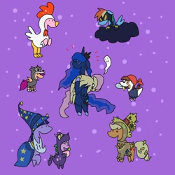 Size: 800x800 | Tagged: safe, artist:kushina13, applejack, fluttershy, pinkie pie, pipsqueak, princess luna, rainbow dash, rarity, scootaloo, spike, twilight sparkle, alicorn, dragon, earth pony, pegasus, pony, unicorn, luna eclipsed, clothes, costume, dot eyes, mane seven, mane six, naname pony, nightmare night, nightmare night costume, open mouth, pixiv