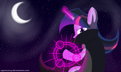 Size: 1650x990 | Tagged: safe, artist:equinox23, derpibooru import, twilight sparkle, cloak, clothes, crescent moon, magic, moon, night, solo, stars