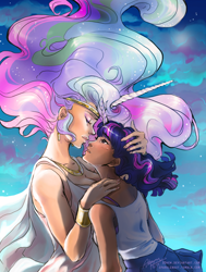 Size: 964x1272 | Tagged: safe, artist:ddhew, princess celestia, twilight sparkle, human, bracelet, breasts, cleavage, earring, female, horned humanization, humanized, imminent kissing, lesbian, necklace, shipping, sky, stars, tiara, twilestia, windswept mane