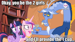 Size: 802x445 | Tagged: safe, discord, princess cadance, twilight sparkle, twilight sparkle (alicorn), alicorn, pony, three's a crowd, 2 girls 1 cup, blue flu, female, image macro, mare, nope