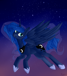 Size: 1954x2210 | Tagged: dead source, safe, artist:kyator, princess luna, alicorn, pony, flying, smiling, solo, stars