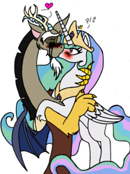 Size: 2243x3005 | Tagged: safe, artist:garfield141992, discord, princess celestia, alicorn, pony, blushing, crying, dislestia, female, kissing, male, shipping, straight, surprise kiss, surprised