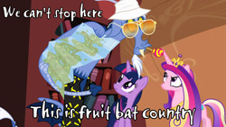 Size: 960x540 | Tagged: safe, discord, princess cadance, twilight sparkle, twilight sparkle (alicorn), alicorn, pony, three's a crowd, blue flu, fear and loathing in las vegas, female, hunter s. thompson, map, mare, raoul duke, we can't stop here this is bat country