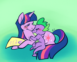 Size: 900x731 | Tagged: safe, artist:tychosexual, derpibooru import, spike, twilight sparkle, unicorn twilight, dragon, unicorn, blushing, cute, duo, eyes closed, mama twilight, mother, mother's day, paper, spikabetes, spikelove, twiabetes