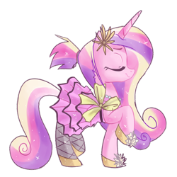 Size: 1024x1024 | Tagged: safe, artist:kaji-tanii, princess cadance, alicorn, pony, clothes, dress, eyes closed, ponytail, raised hoof, solo, sparkles