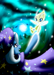 Size: 1300x1800 | Tagged: safe, artist:benjik, derpibooru import, trixie, pony, unicorn, celebi, crossover, pokémon