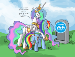 Size: 910x700 | Tagged: safe, artist:php58, edit, princess celestia, rainbow dash, alicorn, pegasus, pony, bitchlestia, butt, celestia's grave meme, exploitable meme, female, implied death, mare, meme, nintendo, nintendo wi-fi connection, obligatory pony, plot