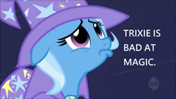 Size: 1280x720 | Tagged: safe, derpibooru import, edit, edited screencap, screencap, trixie, pony, unicorn, magic duel, hub logo, image macro, meme, op is a cuck, op is trying to start shit, sad, solo, text