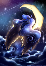 Size: 818x1157 | Tagged: safe, artist:secret-pony, princess luna, alicorn, pony, cloud, crescent moon, ethereal mane, moon, night, solo, starry mane, starry night, tangible heavenly object, transparent moon