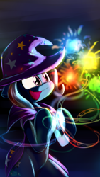 Size: 1200x2133 | Tagged: safe, artist:phuocthiencreation, derpibooru import, trixie, pony, unicorn, clothes, commission, fireworks, magic, open mouth, smiling, solo, trixie's cape, trixie's hat