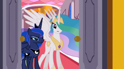 Size: 1365x767 | Tagged: safe, screencap, princess celestia, princess luna, alicorn, pony, crown, duo, female, horn, jewelry, mare, regalia, siblings, sisters