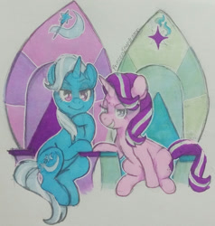 Size: 1280x1344 | Tagged: safe, artist:princesssnapdragon, derpibooru import, starlight glimmer, trixie, pony, unicorn, grin, smiling, traditional art