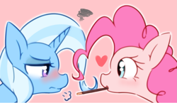 Size: 1617x941 | Tagged: safe, artist:akainu_pony, derpibooru import, pinkie pie, trixie, earth pony, pony, unicorn, blushing, breath, female, food, heart, lesbian, mouth hold, pocky, pocky game, shipping, simple background, trixiepie