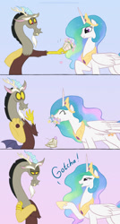 Size: 749x1400 | Tagged: safe, artist:celestiathegreatest, discord, princess celestia, alicorn, pony, twilight's kingdom, bedroom eyes, bouquet, dislestia, eating, eyes closed, female, flower, frown, gotcha, horses doing horse things, male, nom, open mouth, pointing, puffy cheeks, raised hoof, scene parody, shipping, smiling, straight, trollestia, unamused, wavy mouth, wide eyes