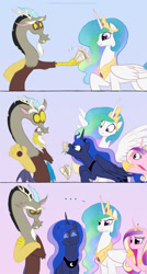 Size: 749x1400 | Tagged: safe, artist:celestiathegreatest, discord, princess cadance, princess celestia, princess luna, alicorn, pony, ..., :i, annoyed, anti-shipping, bouquet, crossed arms, cute, discute, dislestia, eating, eyes closed, female, flower, frown, glare, gritted teeth, happy, herbivore, horses doing horse things, hungry, jewelry, lunabetes, male, nom, open mouth, puffy cheeks, regalia, scene parody, shipping, smiling, spread wings, straight, surprised, wide eyes