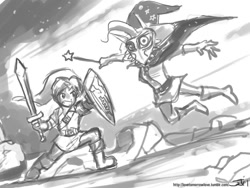 Size: 1000x750 | Tagged: safe, artist:johnjoseco, derpibooru import, trixie, human, crossover, grayscale, humanized, link, monochrome, the legend of zelda, the legend of zelda: majora's mask