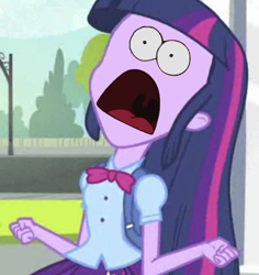 Size: 661x700 | Tagged: safe, edit, edited screencap, screencap, twilight sparkle, equestria girls, equestria girls (movie), cropped, exploitable meme, solo, spongebob squarepants, surprised patrick, the spongebob squarepants movie, twiscream, wat