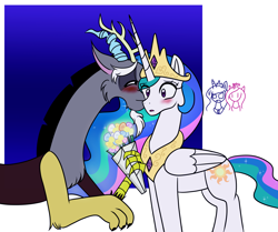 Size: 2262x1892 | Tagged: safe, artist:garfield141992, discord, princess cadance, princess celestia, princess luna, alicorn, pony, :o, angry, blushing, bouquet, cute, discute, dislestia, female, flower, kiss on the cheek, kissing, male, observer, open mouth, shipping, smiling, straight, surprise kiss, surprised, wide eyes