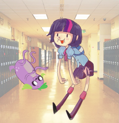 Size: 753x777 | Tagged: safe, artist:twitchykismet, spike, twilight sparkle, dog, human, equestria girls, :p, adventure time, backpack, highschool, humanized, skinny, spike the dog, tongue out