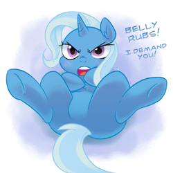 Size: 945x945 | Tagged: safe, artist:adequality, artist:glacierclear, color edit, derpibooru import, edit, trixie, pony, unicorn, blushing, colored, featureless crotch, imminent belly rub, looking at you, solo, underhoof
