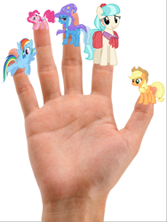 Size: 1116x1488 | Tagged: safe, derpibooru import, applejack, coco pommel, pinkie pie, rainbow dash, trixie, human, pony, unicorn, female, finger family, hand, lesbian, pinkiedash, shipping, simple background, white background