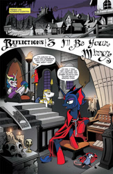 Size: 630x969 | Tagged: safe, idw, philomena, princess celestia, princess luna, tiberius, alicorn, pony, undead, vampire, vampony, spoiler:comic, spoiler:comic19, cape, clothes, dialogue, egypt, egyptian, evil celestia, evil luna, evil philomena, evil sisters, idw advertisement, musical instrument, organ, phantom of the opera, pipe organ, preview, vulture